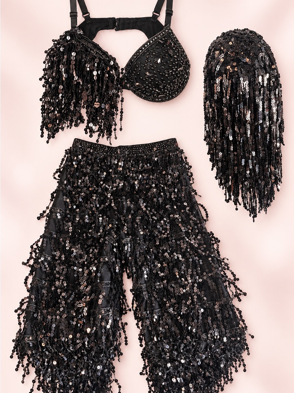 Black Sequin Fringe Dance Costume Set for Kids